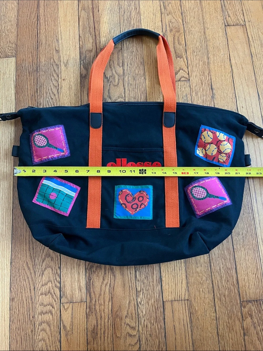 Large Vintage Ellesse 100% cotton zipper tote with tennis themed patches